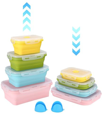 Lot de 4 boîte à Lunch Pliante,Rétractable Déjeuner Bento Box Stockage avec Couvercle,Empilable Boîte Bento Gain de Place Passent,Nourriture Silicone Pliable Multicolore Alimentaires en Silicone