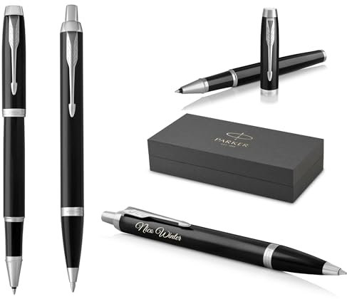 PARKER IM Core Rollerball und Kugelschreiber mit Gravur | Premium Stift | Geschenkbox | schwarze Mine | personalisiertes Geschenk | Namen | graviert | Geburtstag (Black Lacquer C.C.)