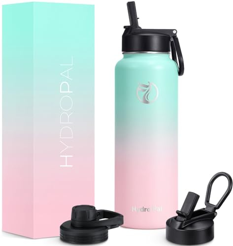 HydroPal 1,2L Edelstahl Isolierflasche,Trinkflasche mit Strohhalm 2 Deckel | BPA-frei, 24h kalt & 12h heiß Vakuumflasche, auslaufsicher Wasserflasche, Stroh- und Ausgussdeckel Sportflasche für Alltag