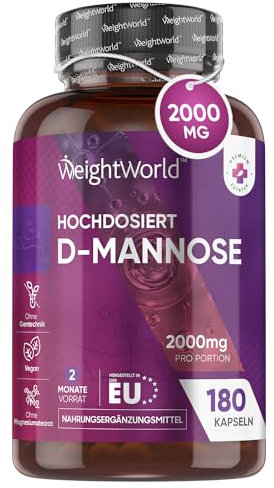 D Mannosio da 180 Capsule, Adatto ai Vegani, 2000mg per Dose Giornaliera, Integratore D-Mannosio, (2 Mesi di Fornitura per Assunzione Quotidiana), D Mannose Senza Magnesio Stearato e Privo di Glutine