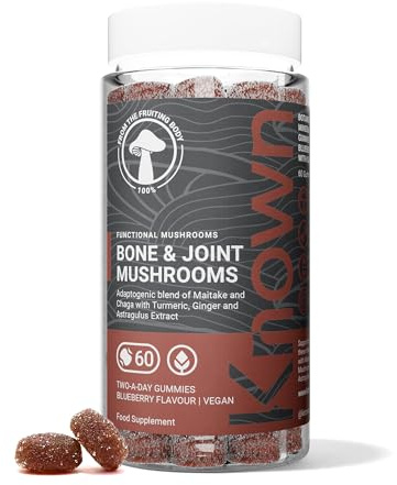 Gommes de Champignons Soutien Os & Articulations avec Maitake, Chaga, Vitamine D3 & K2 | Délicieuse Saveur Naturelle de Myrtille | 60 Gommes Véganes Deux Par Jour (Approvisionnement d'un Mois)