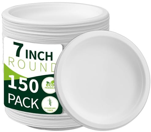 7 Inch Compostable Paper Plates 【White 150 Pack】, 100% Sugarcane Bagasse Small Dessert Plates, Bulk Disposable Plates, Sturdy Heavy Duty, Biodegradable Dinnerware for Party, Picnic, BBQ
