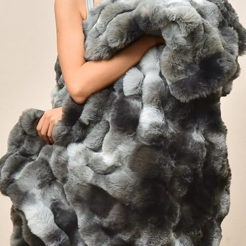 PHF Luxury Faux Rabbit Fur Blanket Twin Size, Ultra Soft Fluffy Plush Cozy Warm Bubble Blanket for Bed, Couch, Sofa Decorative, Thick Reversible Suitable for Fall & Winter, 60 x 80, Tie Dye Charcoal