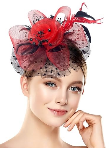 1920er / 50er Jahre Vintage Fascinator Hut für Damen, Teeparty, Halloween, Stirnband, Blume, Brautparty, Hochzeit, Themen-Events, Schwarz Rot, 1-2