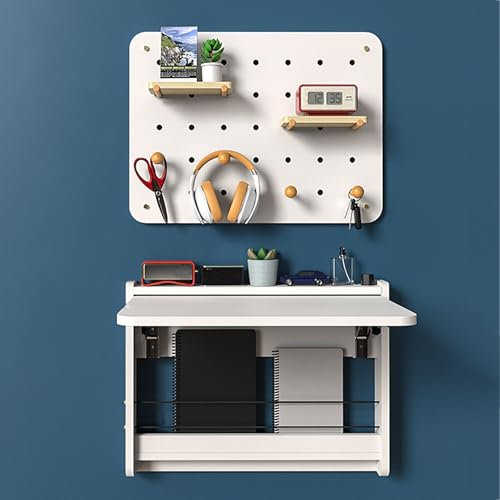 Mesa Plegable de Pared, Mesa Abatible, Escritorio Montado en La Pared con Estante de Almacenamiento de Tablero Perforado, Escritorio Flotante para Pared con Soporte de Metal, para Apartamento(Bianco)