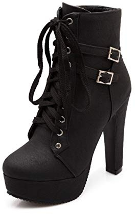 WOOD MEETS COLOR Frauen Herbst Runde Zehe Spitze bis Knöchel Schnalle Chunky High Heel Plattform Ritter Stiefel（Black C-3，40）
