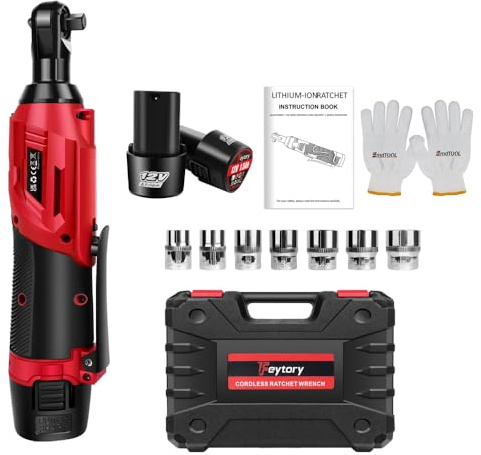 Qimu 12V Cordless Ratchet Wrench Set 3/8'' Sq Drive Power Electric Ratchet Wrench 40N.m Torque Power Ratchet Wrenches Set with 2 Pack 1.5Ah Lithium-Ion Battery, 1H Fast Charger and 7 Sockets, Red