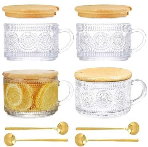 4 Piezas Tazas Vidrio Transparentes con Tapa y Cuchara, 450ml Tazas Desayuno para Gachas, Cereales, Leche, Tazas Set para Cumpleaños y Día Navidad, Tazas Café Vintage Relieve con Asa Latte Macchiato