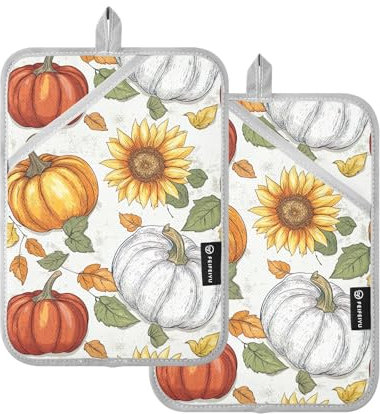 Set di 2 presine resistenti al calore, con zucche retrò, girasoli, presine, presine, presine da forno, con tasche, per barbecue, cottura e cottura