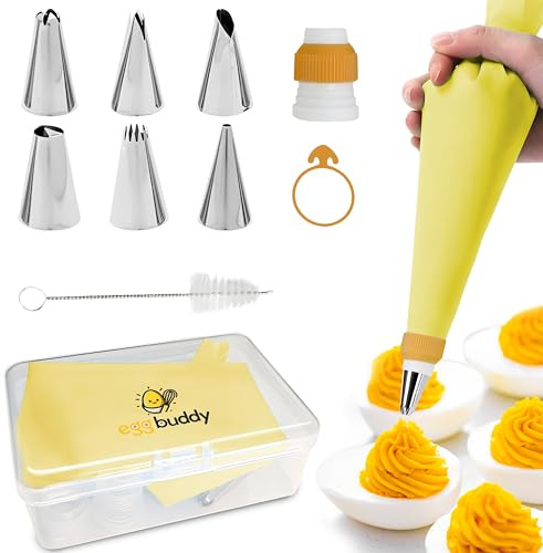 Egg Buddy Deviled Egg Piping Tool – Reusable Piping Bag and Tips Set, 9 Piece Silicone Piping Bag Decorator & Filler Kit for Perfect Party Appetizers (Yolk Yellow)