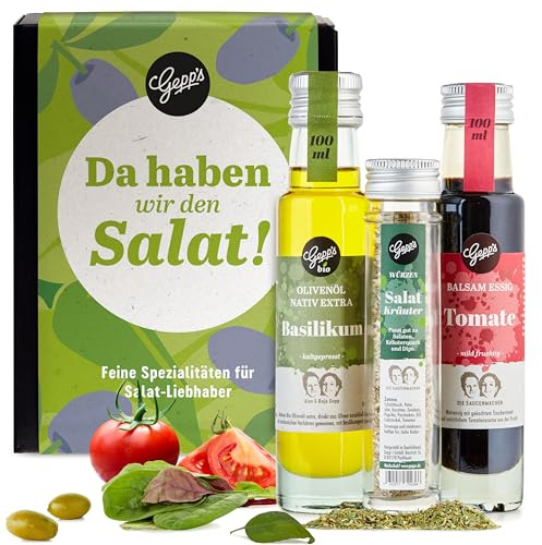 Gepp’s Feinkost Essig & Öl Salat Set 3-teilig I Geschenkidee | Mit Öl, Essig und Salatgewürz für aromatische Kreationen I Bio-Basilikum-Olivenöl, Tomaten-Balsamessig & Salatkräuter
