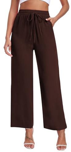 Teemie Pantalon Palazzo pour Femmes Pantalons Jambe Droite Léger Ample Pants Eté Casual Elegant Sports Yoga avec Poches Marron XL