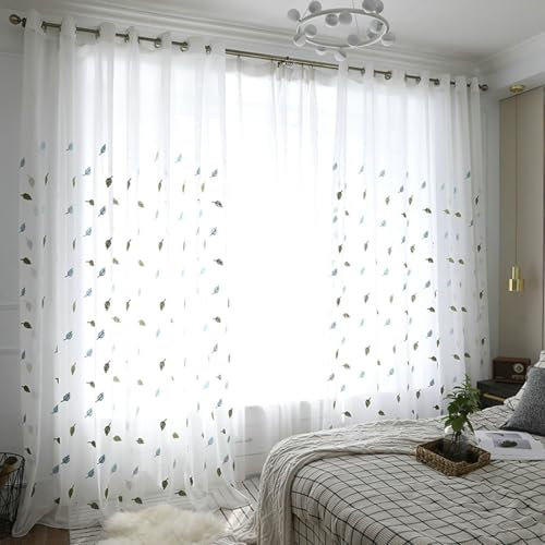 Wycian Fertiggardinen Vorhänge Weiss Voile 2er Pack Blätter Gestickt H274 x B137 cm (2er Pack) Polyester