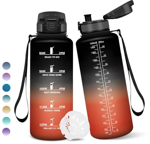 Botella Agua, 1,5 litro Libre de BPA, Botella Agua Gimnasio, Con Marca de Tiempo, Botellas de Agua, Diseño de Cerradura a Prueba de Fugas, Botellas de Agua Para Niños para Deportes - Negro&Rojo