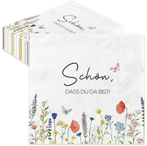 60 Stück Servietten Schön Dass Du Da Bist – Blumen & Schmetterling | Papier-Servietten Hochzeit, Geburtstag, Frühling, Ostern, Tischdekoration – 33x33 cm