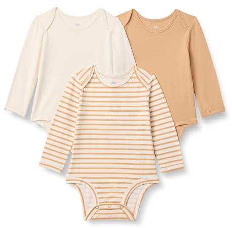 Amazon Essentials x Sofia Grainge Unisex Babies' Long Sleeve Crew Neck Bodysuit, Pack of 3, Ivory/Light Camel/Stripe, 6-9 Months