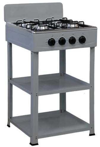 Marvin Fornello a Gas 4 Fuochi da Campeggio Piano Cottura con Supporto 2 Ripiani in Acciaio Cucina da Esterno Portatile Piastra Inox (Grigio)
