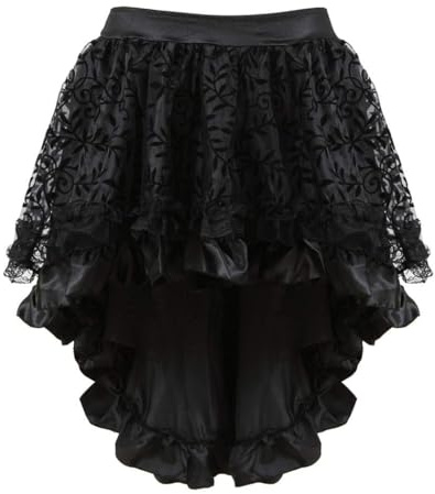 Damen Steampunk Gothic Rock High-Low Asymmetrisch Midi Rock mit Vintage Korsett Kompatibilität für Halloween Cosplay (Schwarz, M)