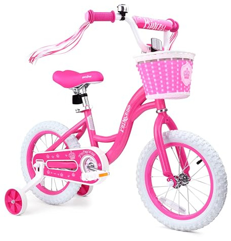 bicystar Girls Bike for Toddlers Ages 2-4 Years, 14 Inch Princess Kids Bike with Training Wheels, Sparkling Frame, Basket, Streamers, Pink Pedal Bicycle, Birthday Gift