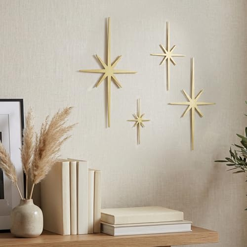 WVOPIAHY Atomic Stars Retro Wanddekoration, 4-teiliges Set, Gold Metallsterne im Mid Century Design, 34,8 x 18 cm bis 10 x 5,6 cm, Moderne Raumgestaltung