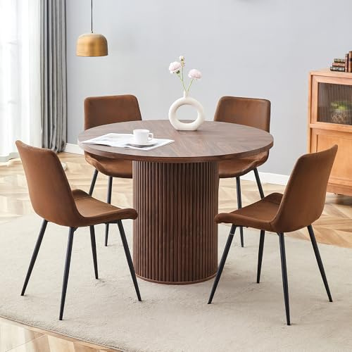 Juego de mesa de comedor redonda de 100 cm, efecto nogal, 4 sillas de tela marrón Tech (tipo piel), juego de 5 piezas, estilo vintage, mesa de comedor redonda con diseño de pie medio para comedor y
