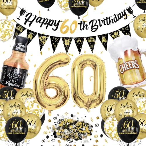 60 Geburtstag Frau Mann, Deko 60 Geburtstag, Happy Birthday Geburtstagdeko | mit Banner, Konfetti Ballons, Nummer 60 Folienballons, Schwarz Gold Luftballons