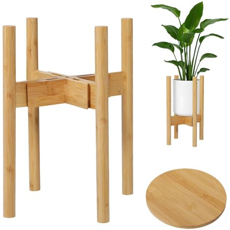 Levede Adjustable Wooden Plant Stand with Tray, Fits 8.5–12 Inch Pots, Indoor Mid Century Style Plant Stand for Living Room and Home Decor