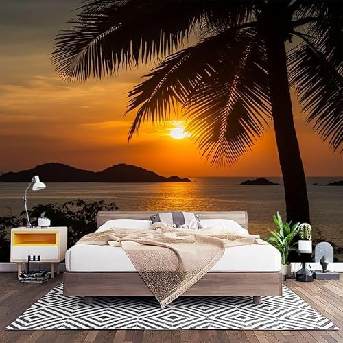 Atardecer En La Playa Tropical Fotomural para Pared de Tela No Tejida 250x175 cm, Paisajes Naturales Papel Pintado Decorativo de Interiores para Salón Dormitorio Oficina, Fácil de Instalar