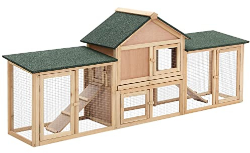 PawHut Conigliera da Giardino con Corsa e Rampe Tetto Impermeabile, Legno, 210x45.5x84.5cm