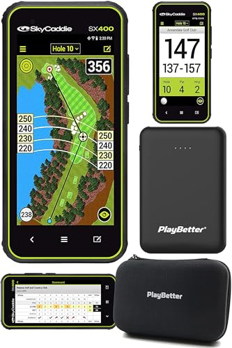 SkyCaddie SX400 Handheld Golf GPS Power Bundle - Rugged & Touchscreen Golf GPS Rangefinder, 4 Display, 35,000 Maps with PlayBetter 5000mAh Portable Charger & Protective Hard Case