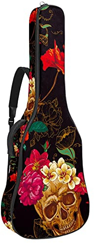 Sac de transport souple pour guitare électrique avec double sangle d'épaule réglable pour guitare basse, guitare acoustique et guitare folk classique avec motif crâne et fleur