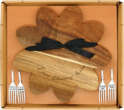Pavilion - 10 x 10 Cheese Serving Cutting Board - Love Blooms Here - Acacia Wood & Stainless Steel 4 pc Mini Fork Set