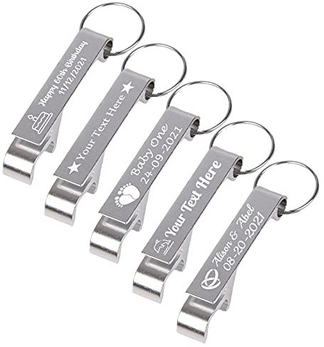 Apribottiglie Portachiavi Personalizzato Con Incisione Nome Logo Birra Portachiavi Apribottiglie Personalizzabile per Bomboniera Matrimonio, Argento, 5 Pezzi
