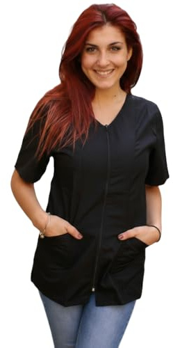 Camici da Lavoro Donna con Zip,Casacca,a Scelta tra 4 Colori, Estetista,parrucchiera, MAESTRA Asilo,Alimentari (Nero, M)