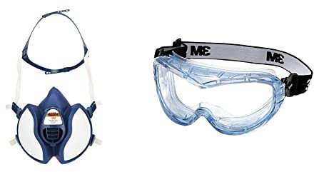 3M Masque protection pour pulvérisation de peinture 4255+, A2P3, 1 paquet & Lunettes-masque de sécurité Fahrenheit - Protection anti-buée - 1 pièce - Bleu/Transparent