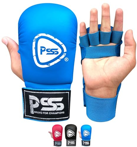 PSS Karate-handskar för barn, boxning, kampsport, jab träning, sparring, junior, kuddar, öppna finger, palmstil utan tumm, svart, blå och röd, 1018 (1018 blå, M)