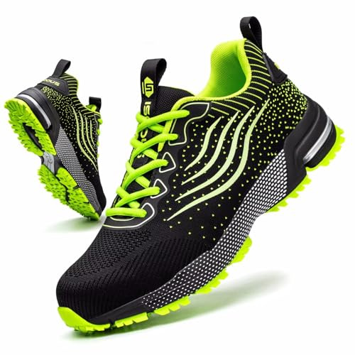 Zapatos de Seguridad para Hombre Mujer Zapatillas Trabajo Comodo Ligero Calzado de Seguridad con Punta de Acero Transpirable Verde 42