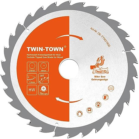 TWIN-TOWN HM Kreissägeblatt Holz 216x30mm Z30, Reduzierring 20 mm, Ideal für Bauholz Naturholz Hartholz Schalholz Faserplatten Leimholz zum Sägen mit Gehrungssäge und Tischkreissäge