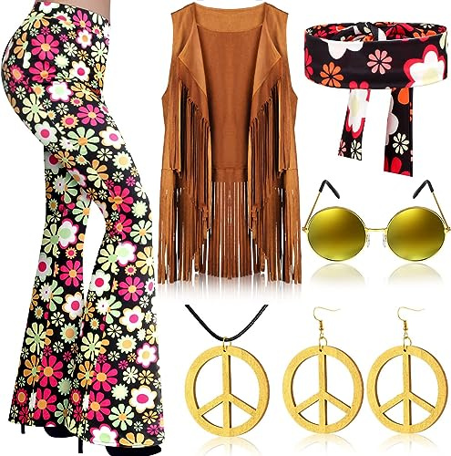 QTUN 7 Stück 60er 70er Jahre Hippie Bekleidung für Damen Hippie Kostüm Set mit Boho Schlaghosen Fransenweste Stirnband Hippie Kostüme Zubehör 70er Jahre Disco Outfit für Halloween Karneval Cosplay