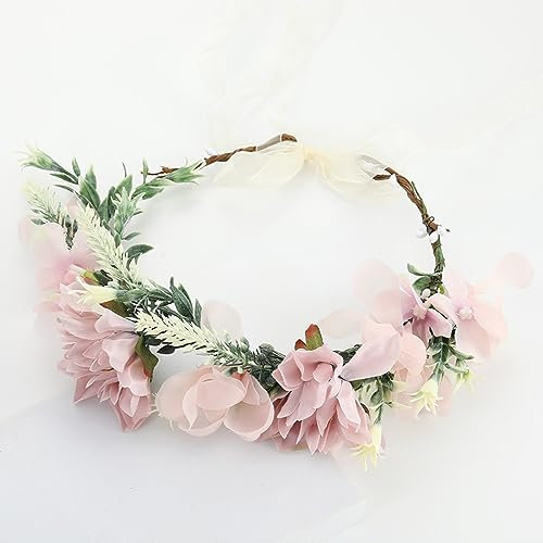 Blumenkranz Haare Haarkranz Blumen Haarreif, Blumenmädchen Stirnbänder Kopfschmuck Floral Girlande Blumenstirnband Verstellbarer Gürtel für Hochzeit Zeremonie Party Festival,Rosa D