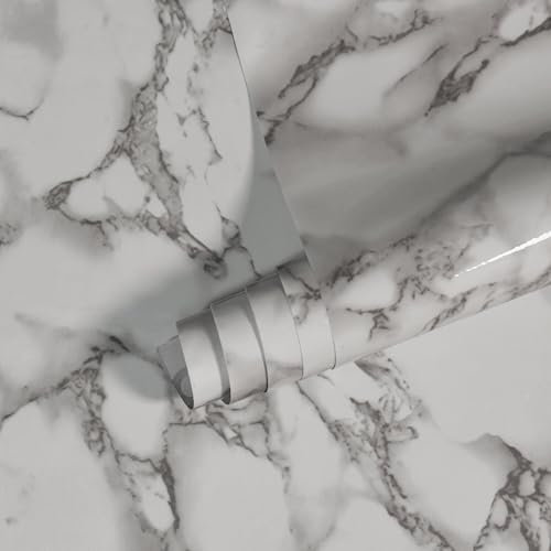 JSEVEM 80CM×4M Extra Wide Cream White Grey Marble Pattern Wallpaper Peel and Stick Waterproof White Gray Marble Contact Paper Vinyl Wrap Glossy Granite Wall Sticker for Bedroom Bathroom Living Room