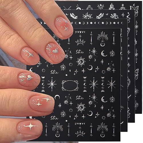 3D Metallisch Silber Nagelsticker Damen Nagel Stickers Stern Mond Sonne Nagelaufkleber Nagelfolie Selbstklebend Nagel Sticker Schmetterling Nail Art Stickers Nailart Aufkleber Nageldesign Zubehör,8pcs