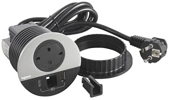 LEGRAND, Incara Disq 80, USB A+C Ladesteckdose, Kabelausgang für Netzwerkkabel, Tischsteckdose, Einbausteckdose, Mehrfachladegerät, 15 Watt, 2m Kabel, 2P+E Stecker, Farbe: Schwarz/Metall. 654716