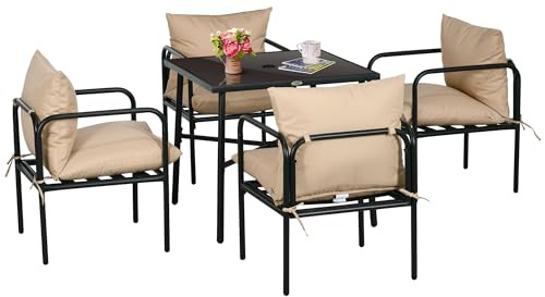 Outsunny Set di mobili da giardino da esterno in acciaio da 5 pezzi con 1 tavolo da pranzo quadrato e 4 sedie, 4 cuscini, piano in vetro temperato con foro per ombrellone