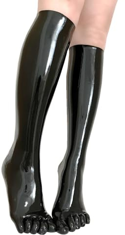 GREEFEI Latex Gummi Zehen Socken Lang,Schwarz Zehen Socken Wadenlänge | Naturkautschuk Zehensocken Strümpfe Handgefertigt,Wasserfest und Dehnbar Geeignet für Latex Liebhaber Unisex,Cosplay Zubehör