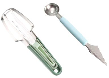 Elepl 3 in 1 Melonenschneider Melonenlöffel Fruchtschnitzwerkzeug Doppelkopf Obstgabeln Cutter DIY Melonenschneider Edelstahl mit Rundem Griff Obstschneider Melone für Zuhause Party Küchengerät