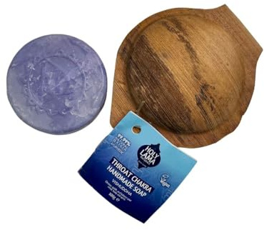 Holy Lama Naturals 'Throat' Chakra Natural Handmade Vegan Soap - Solid Bar Presented in Handmade Sustainable Case, 1 x Round Soap for Hand & Body (100g)