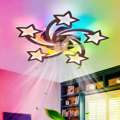 Dfiacn Schwarz RGB Deckenventilator Mit Beleuchtung Mit Fernbedienung APP, Kind Schlafzimmer Lampe Mit Ventilator Reversibel 6-Gang Dimmbar Deckenlampe Mit Ventilator Speicherfunktion Leise Timing