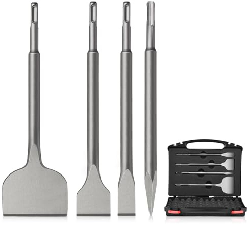 GMGSJ SDS Plus Meißel Set,4-teilig SDS Meißel mit Aufbewahrungskoffer,Flachmeißel, Spitzmeißel, Meißelset für Bohrhammer, breites Fliesen-, Stein- und Betonmeißelset