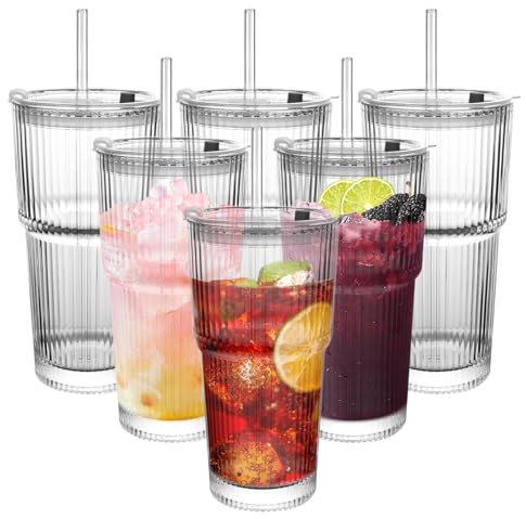 CHPINDAM Hohe gestreifte Glasbecher mit Deckel und Strohhalm, 6er-Set, geeignet für alle Arten von Getränken.